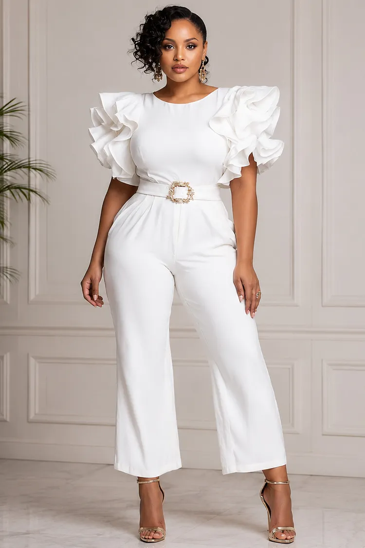 Xpluswear Design Plus Size Cocktail Party White Round Neck Flutter Sleeve Short Sleeve Ruffle Jumpsuits [Pre-Order] 2024 - Xpluswear