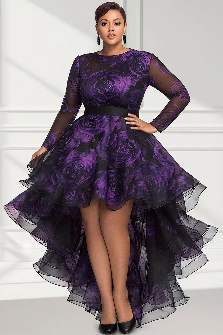 Xpluswear Design Plus Size Cocktail Party Purple Floral Round Neck Long Sleeve High Low Hem Ruffle Organza Mini Dresses 2024 - Xpluswear