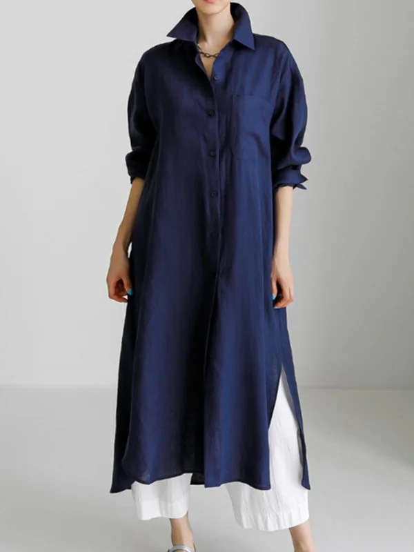 Minimalist Long Sleeves Split-Side Pure Color Lapel Midi Dresses Shirt Dress