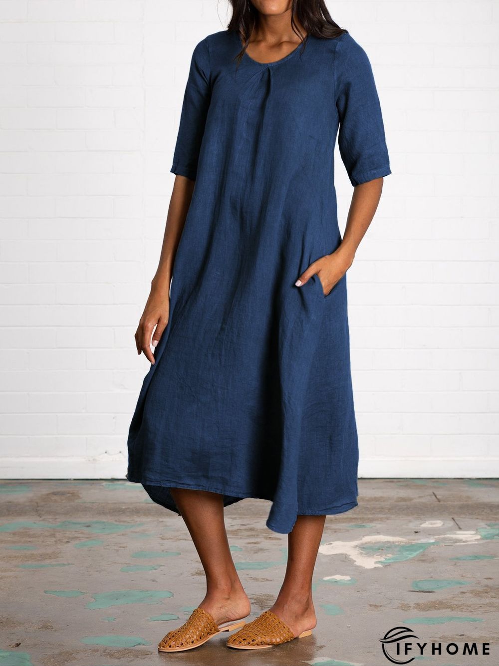 V Neck Half Sleeve Pockets Linen Women Midi Dress | IFYHOME