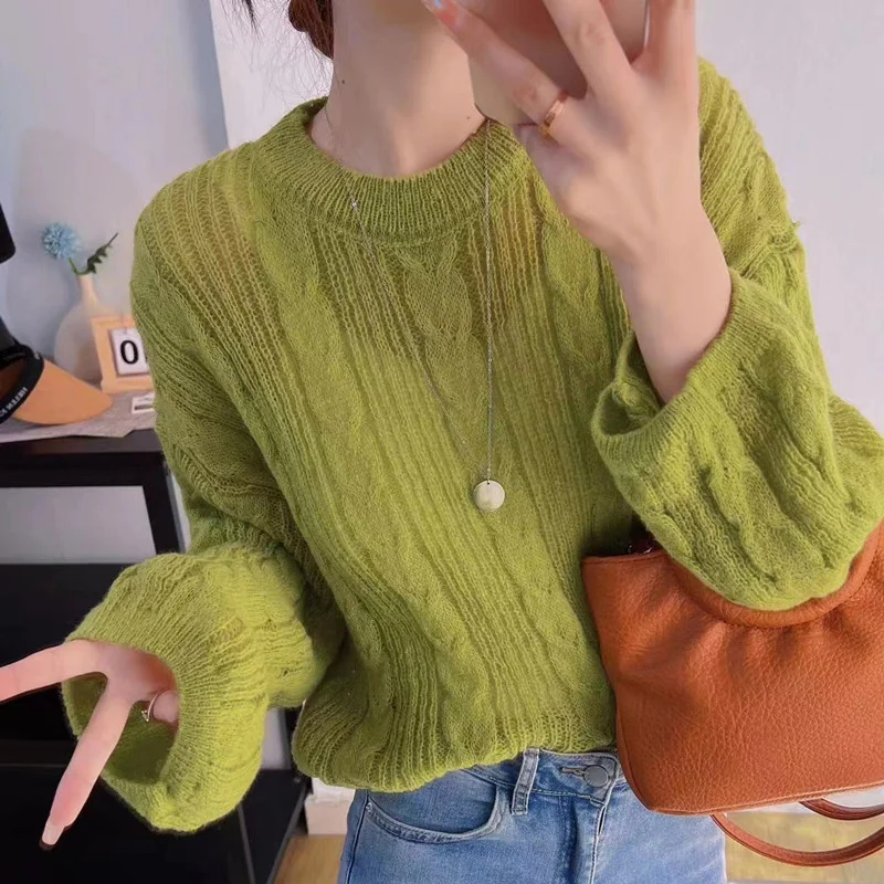 Churchf Churchf Spring And Summer New Temperament Lady Thin Hollow-Out Shirt Korean Version Of Women's Round Collar Twist Flower Bat Sleeve Sweater