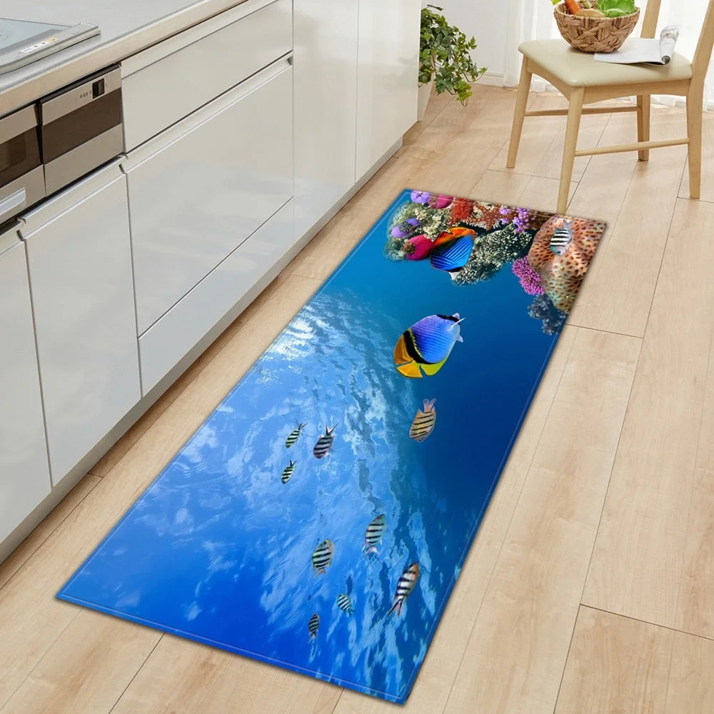 3D Ocean World Fish Carpet Kitchen Mat Entrance Doormat Bedroom Home Floor Decoration Living Room Carpet Bathroom Anti-slip Rug