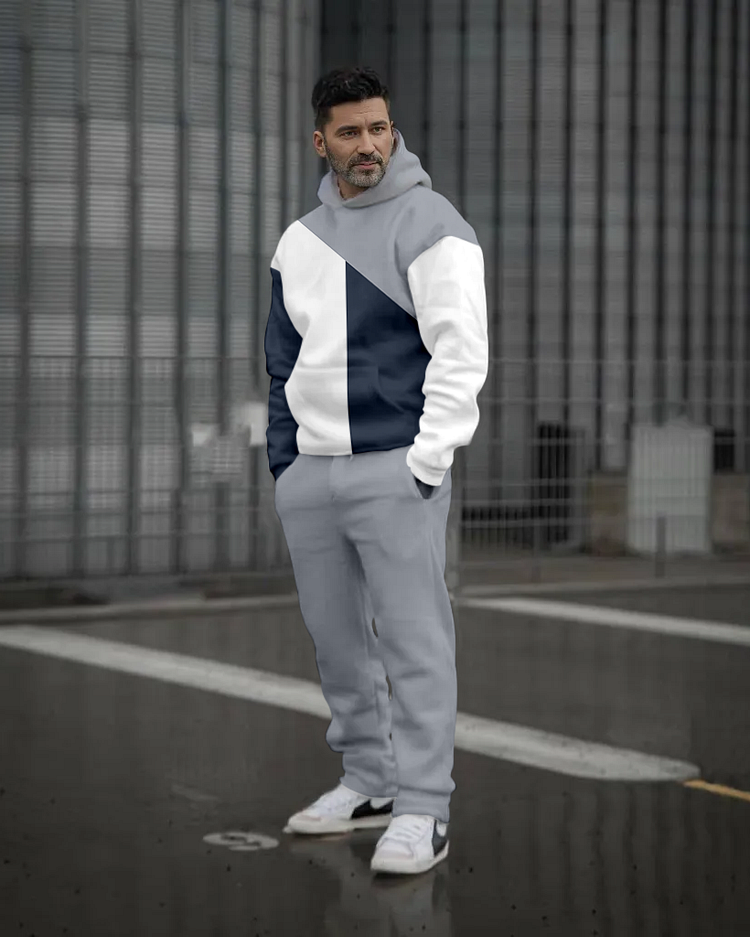 Men's Colorblock Printed Casual Sports Hoodie Set 422