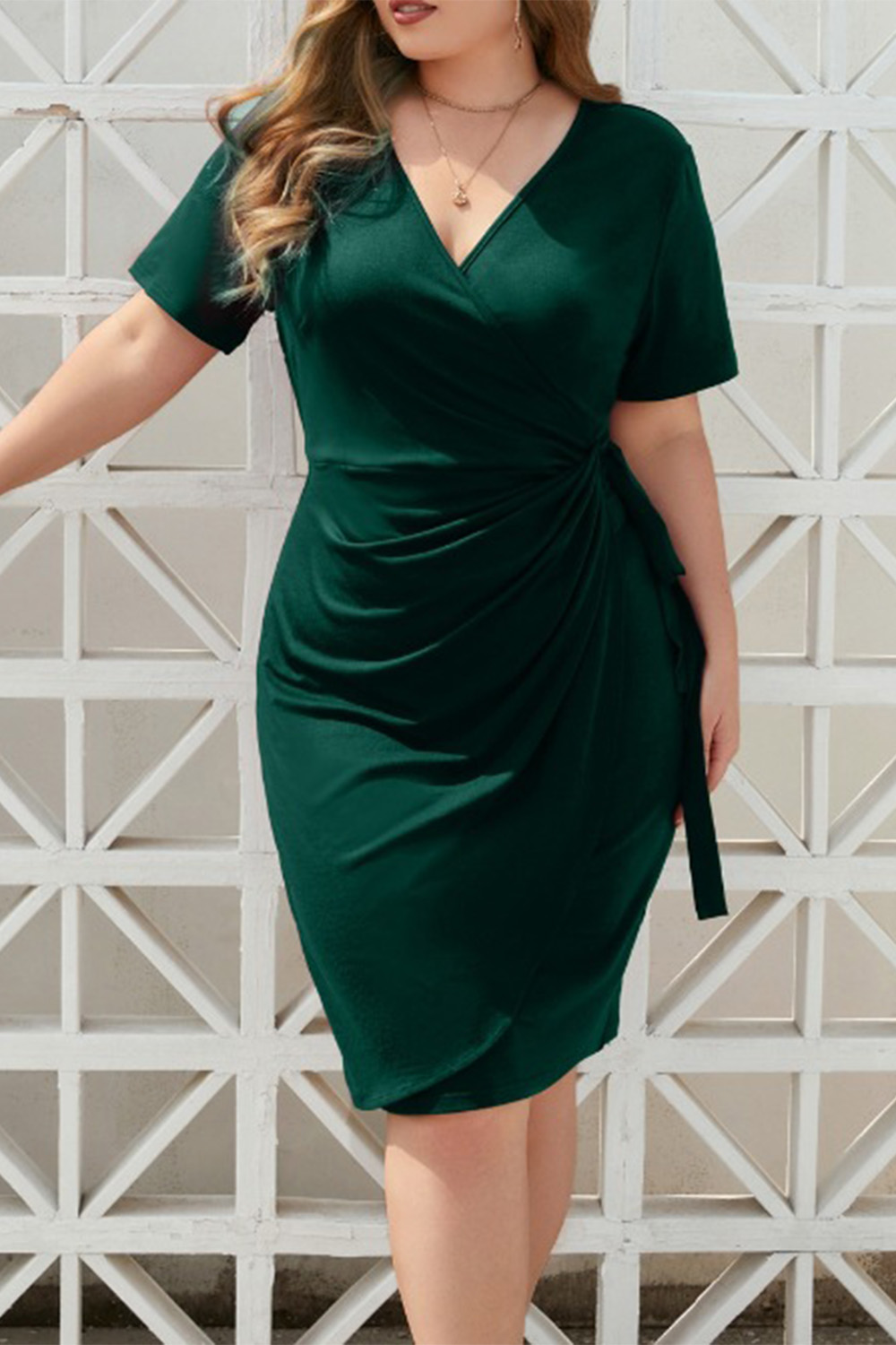 Plus Size Everyday Dark Green Wrap Ruched Waist Bodycon Midi Dress 2024 - Flycurvy 