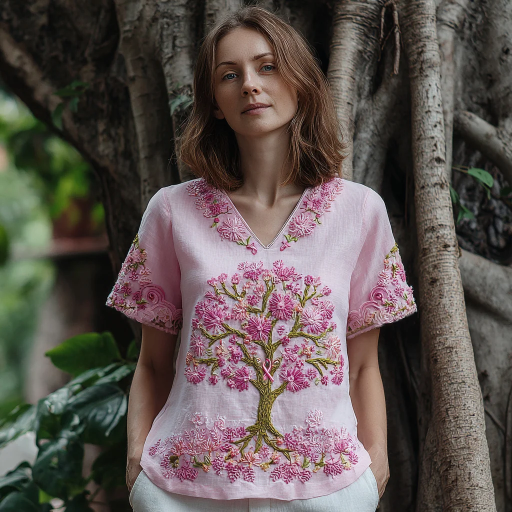 Women's Tree Of Life Breast Cancer Ribbon T-shirt