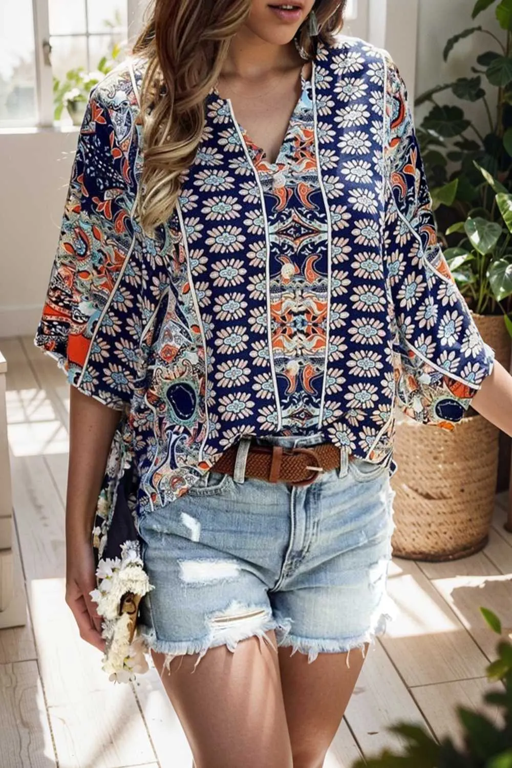 casual solid flowy loose tunic short sleeve v neck blouse