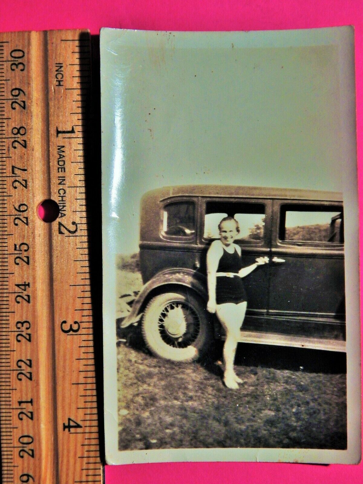 Vintage 1930s Photo Poster painting - lady in swimwear stands proudly in front of her nice car