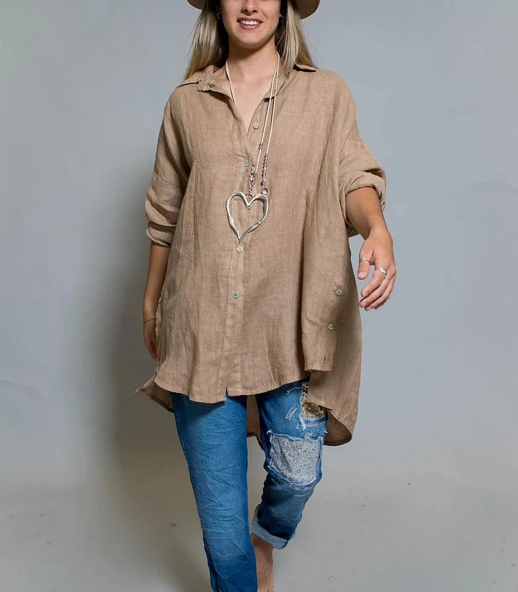 Solid Color Casual Button Design Loose Long Sleeved Shirt