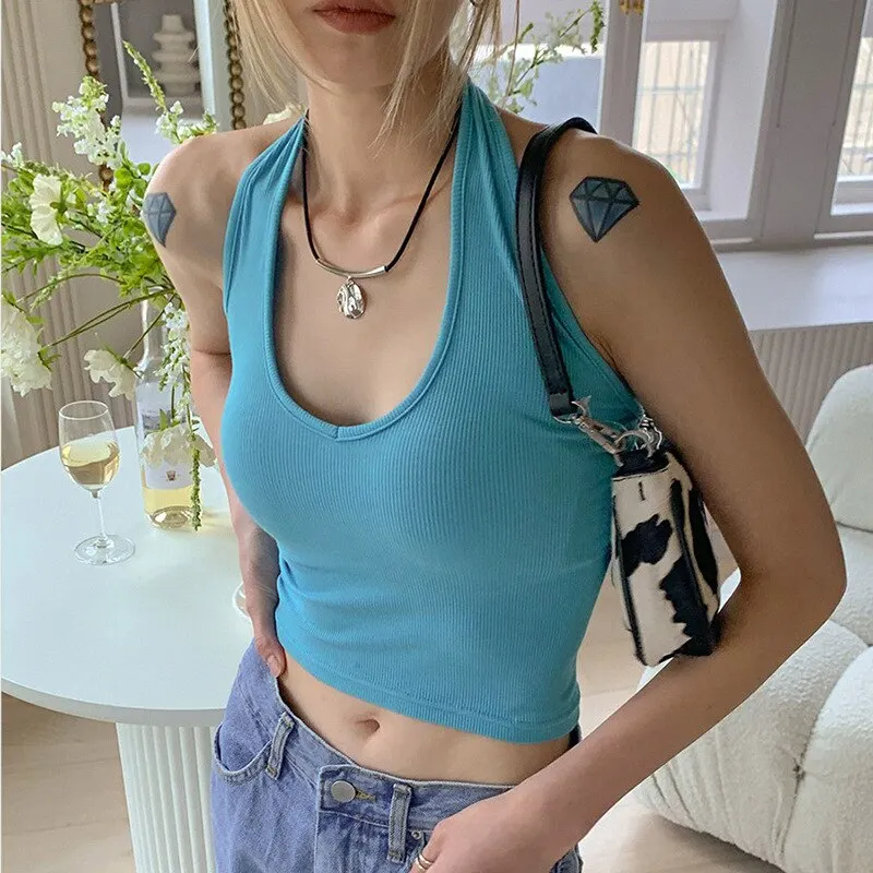 Blue Knitted Halter Backless Crop Tops Women U-Neck Sleeveless Skinny Cami Female Korean
