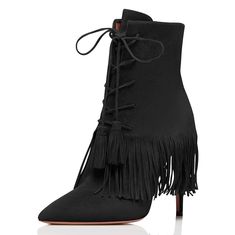 Black Vegan Suede Lace Up Fringe Boots Stiletto Heel Ankle Boots |FSJ Shoes
