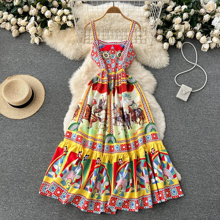 Emperament Vacation Retro Printed Waist Dress