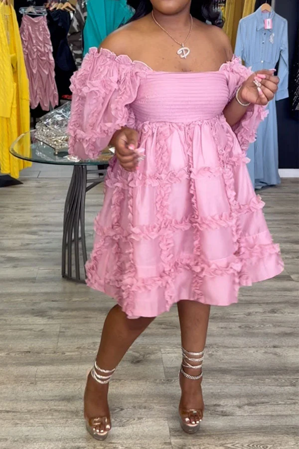 Solid Color Ruffles Puff Sleeve Cute A-Line Mini Dress