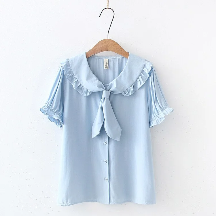 Summer White Shirts Women Blouses And Tops Cute Peter Pan Collar Tie Lady Short Sleeve Female Clothes College Style