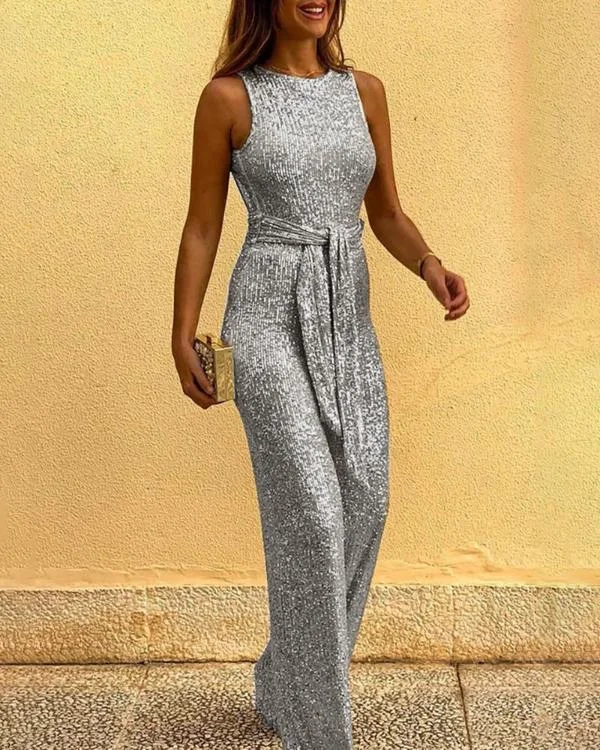 Glitter Round Neck Sleeveless Backless Sequins Jumpsuits