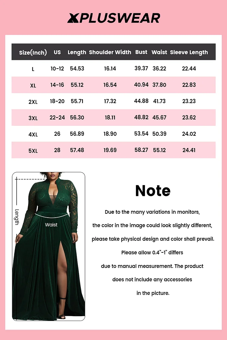 Xpluswear Design Plus Size Formal Emerald Green V Neck Long Sleeve Split See Through Lace Velvet Maxi Dresses