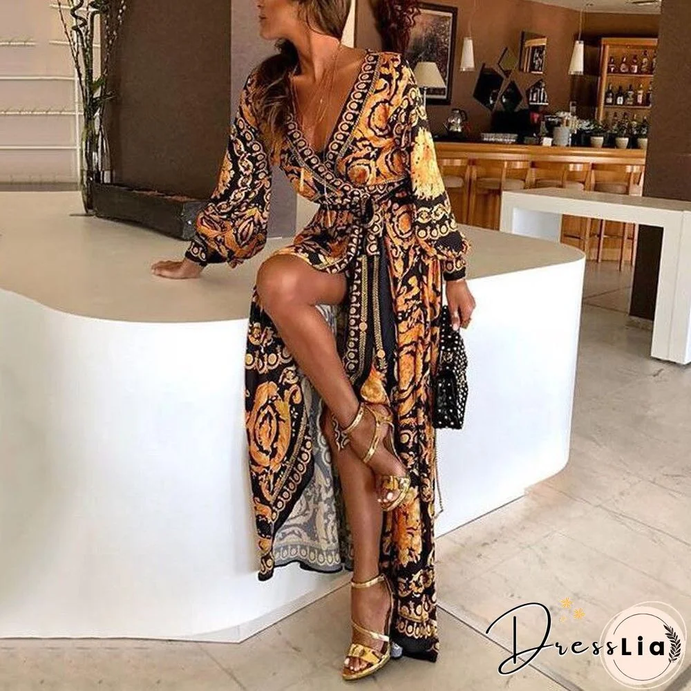 Women Sexy Deep V Neck Glitter Printed Evening Party Maxi Dress