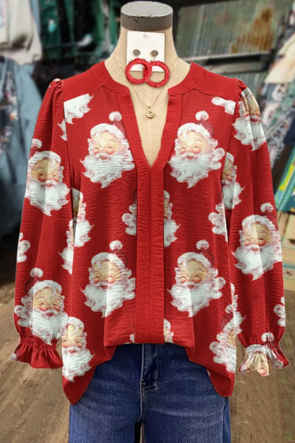 Vintage Christmas Santa Print V-Neck Top