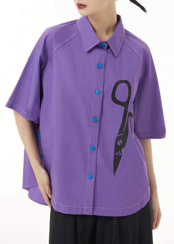 Unique Purple Peter Pan Collar Print Patchwork Cotton Shirt Short Sleeve
