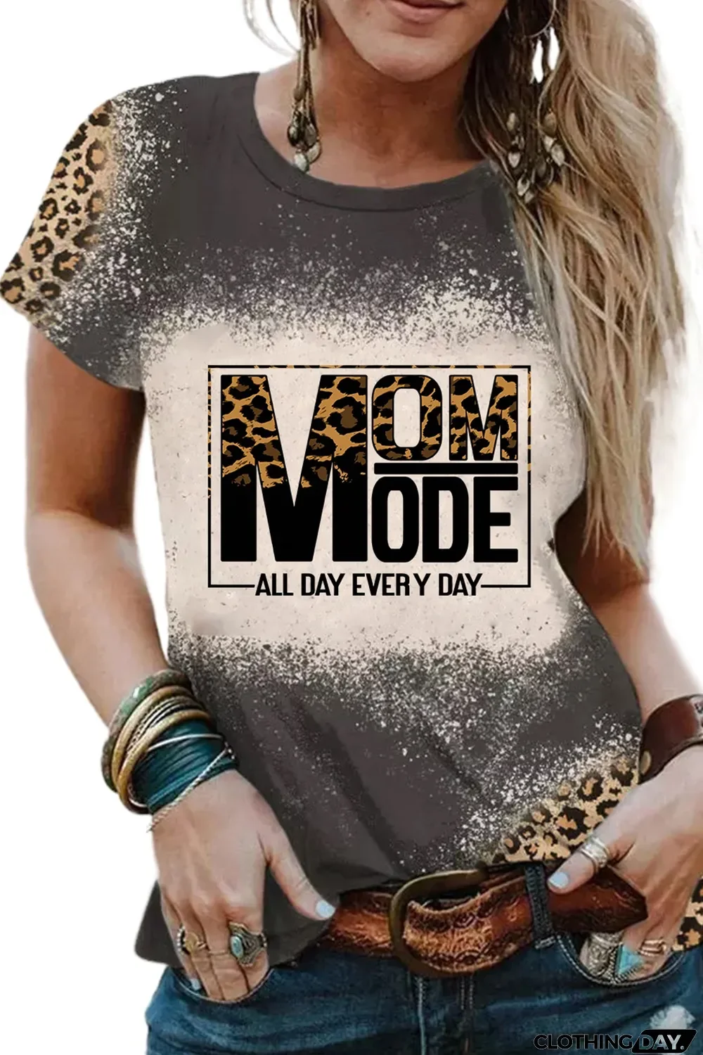 Gray MOM MODE Leopard Bleach Print Vintage Graphic Tee