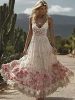 Boho Pink Roses Lace Patchwork Flowy Linen Cami Maxi Dress