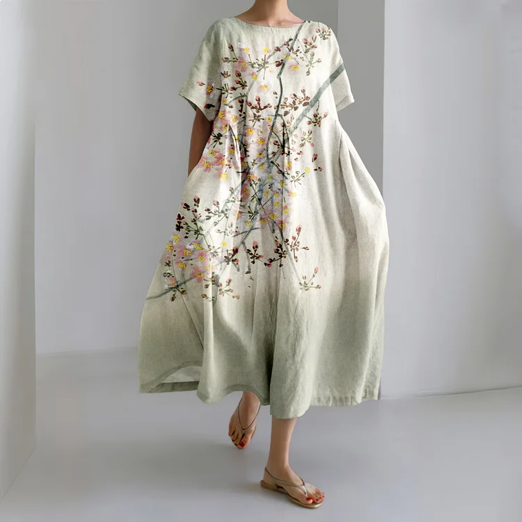 Vintage Cherry Blossom In The Full Moon Art Linen Blend Maxi Dress