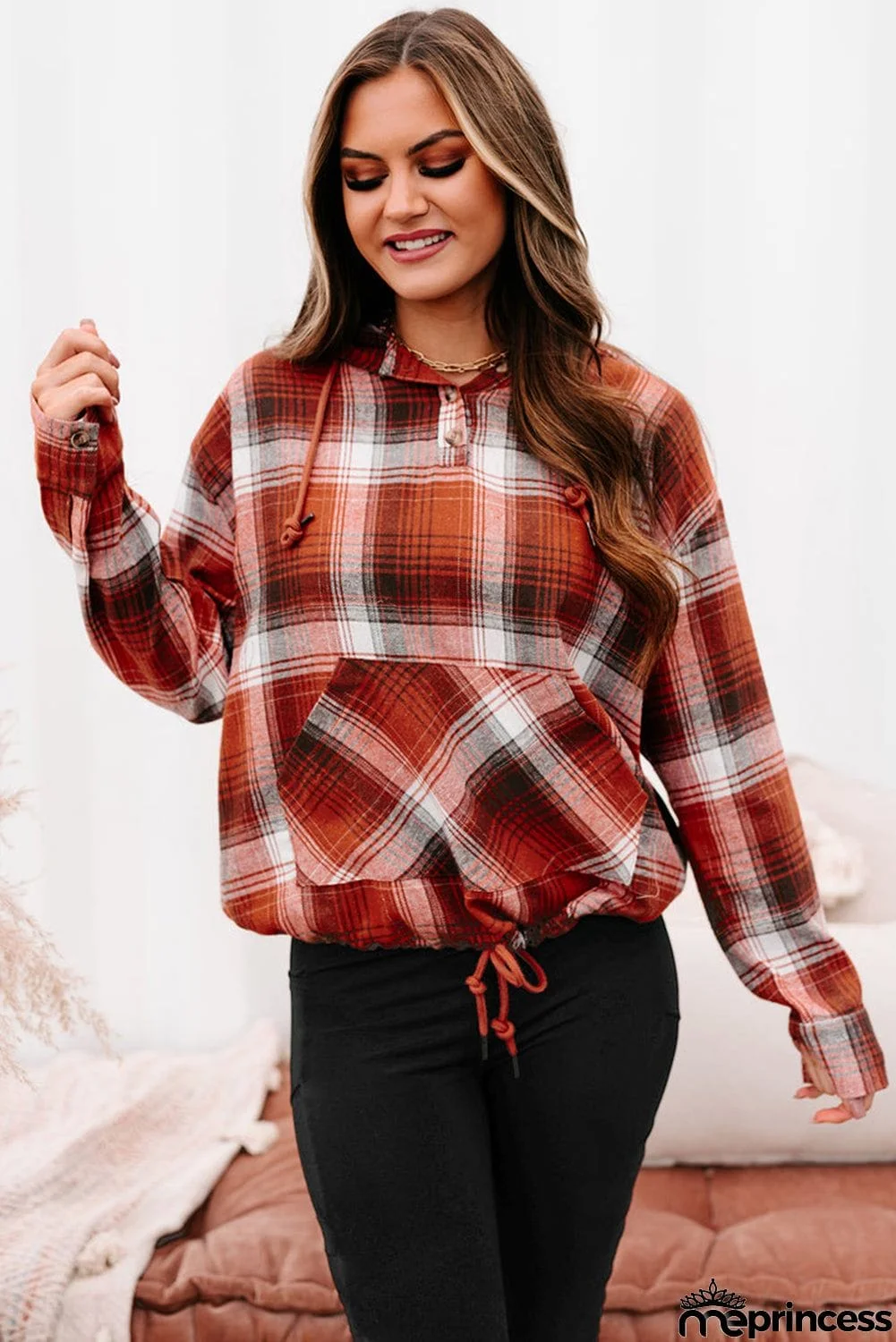Plaid Print Pocketed Hoodie