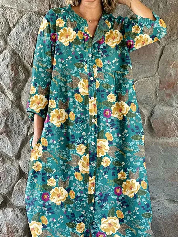 Women's Elegant Rose Floral Print Shirt Style Cotton and Linen Dress