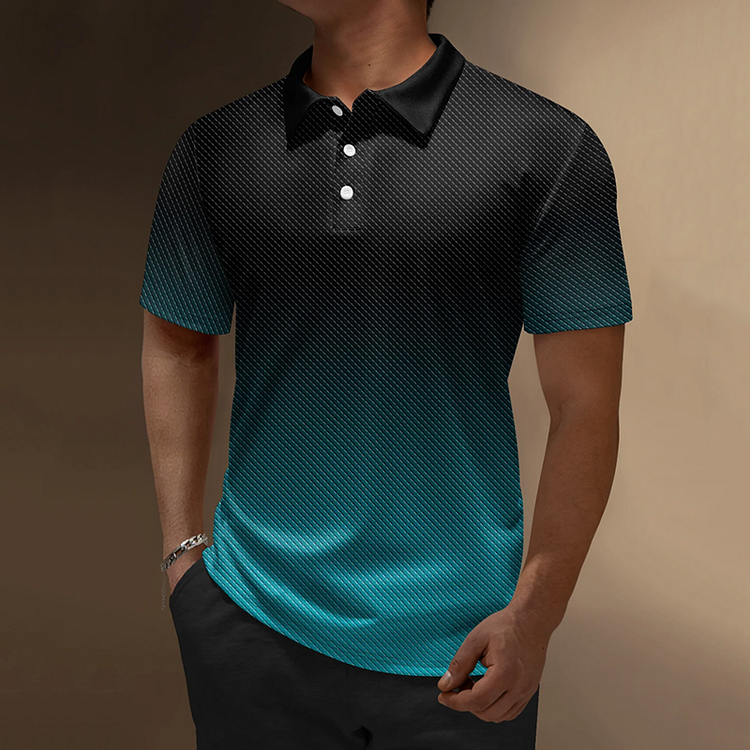 Comstylish Ombre Abstract Geometric Button Short Sleeve Polo Shirt