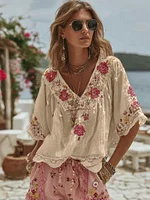 Women's Vintage Floral Art Linen Comfy Shirt - Image 4