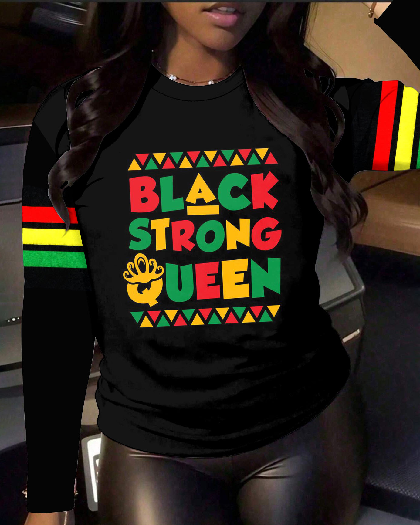Black Strong Queen Print Crew Neck Long Sleeve T-shirt