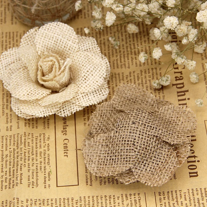 2/3/5pcs 9cm Handmade Jute Hessian Burlap Rose Flowers Vintage Rustic Wedding Decoration Jute Christmas Decorations for home