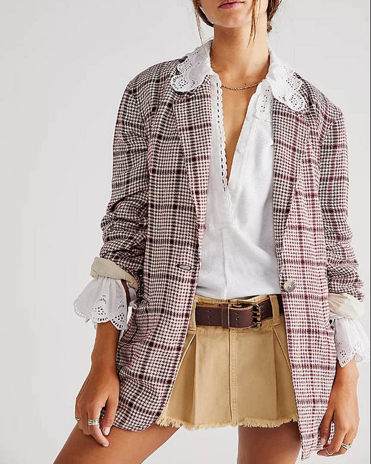 Women's Purple Check Polyester Blazer