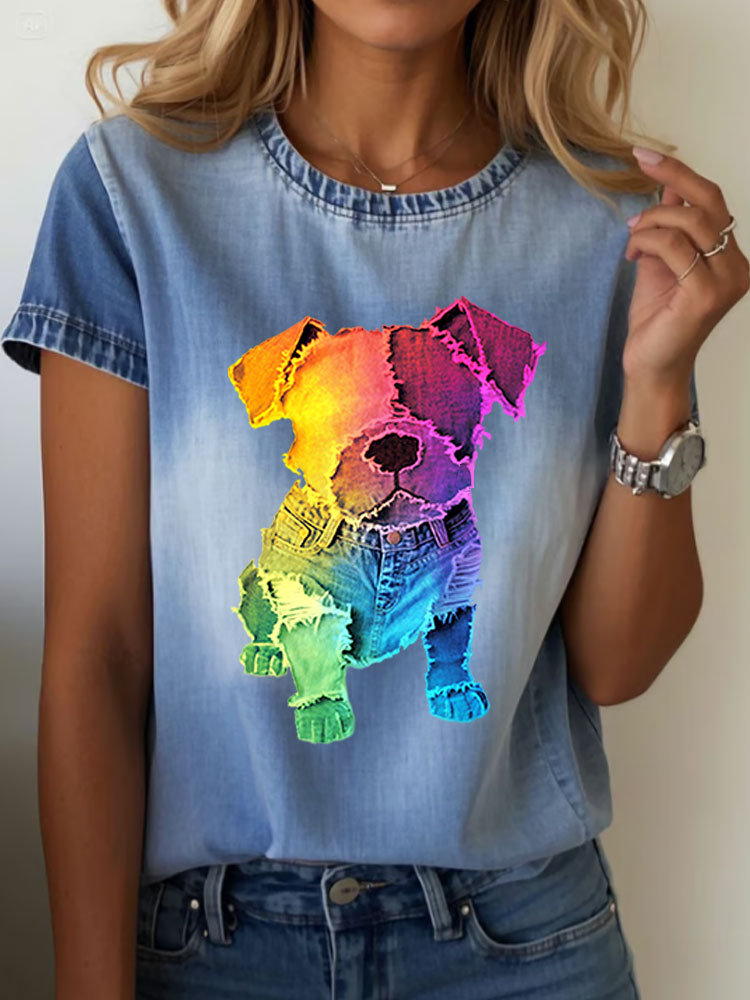 Comstylish Women's Retro Funny Denim Rainbow Dog Print Casual T-shirt