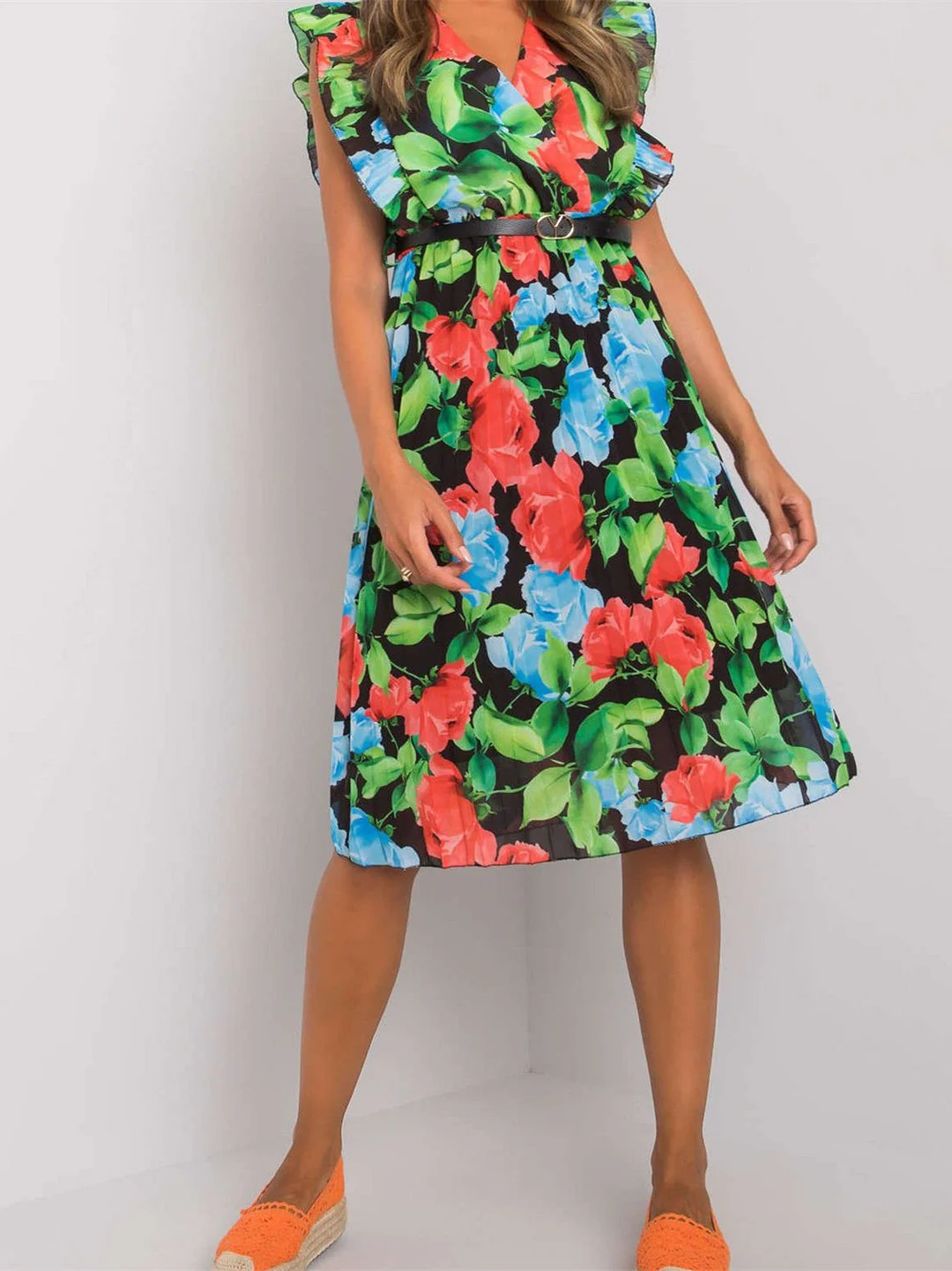 Fashion Print Flower V-Neck Short Sleeve Loose Dress