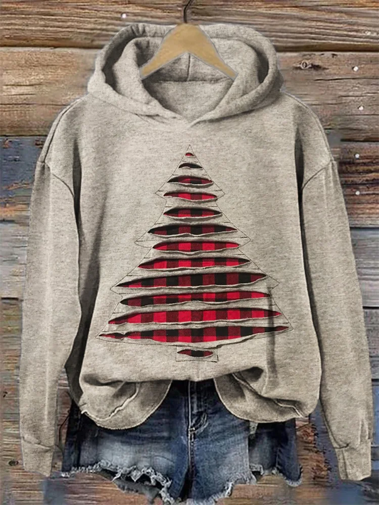 Christmas Tree Check Textile Art Cozy Hoodie