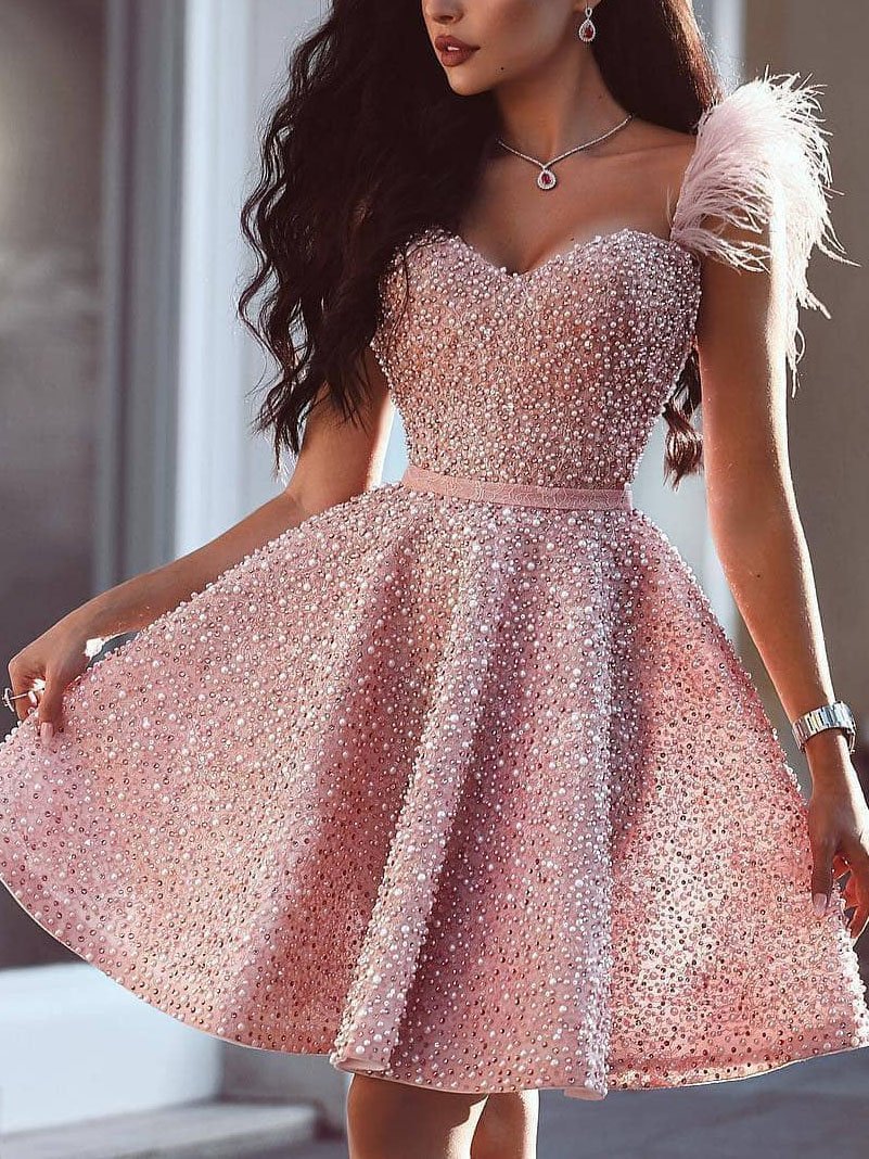 Zachics Sweet tube top feather beaded pink Evening  dress-zachics