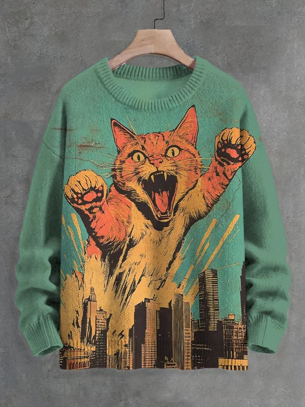 Men's Giant Cat Art Print Knit Sweatshirt