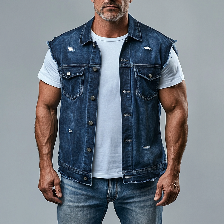 Men's Casual Metal Button Ripped Denim Vest