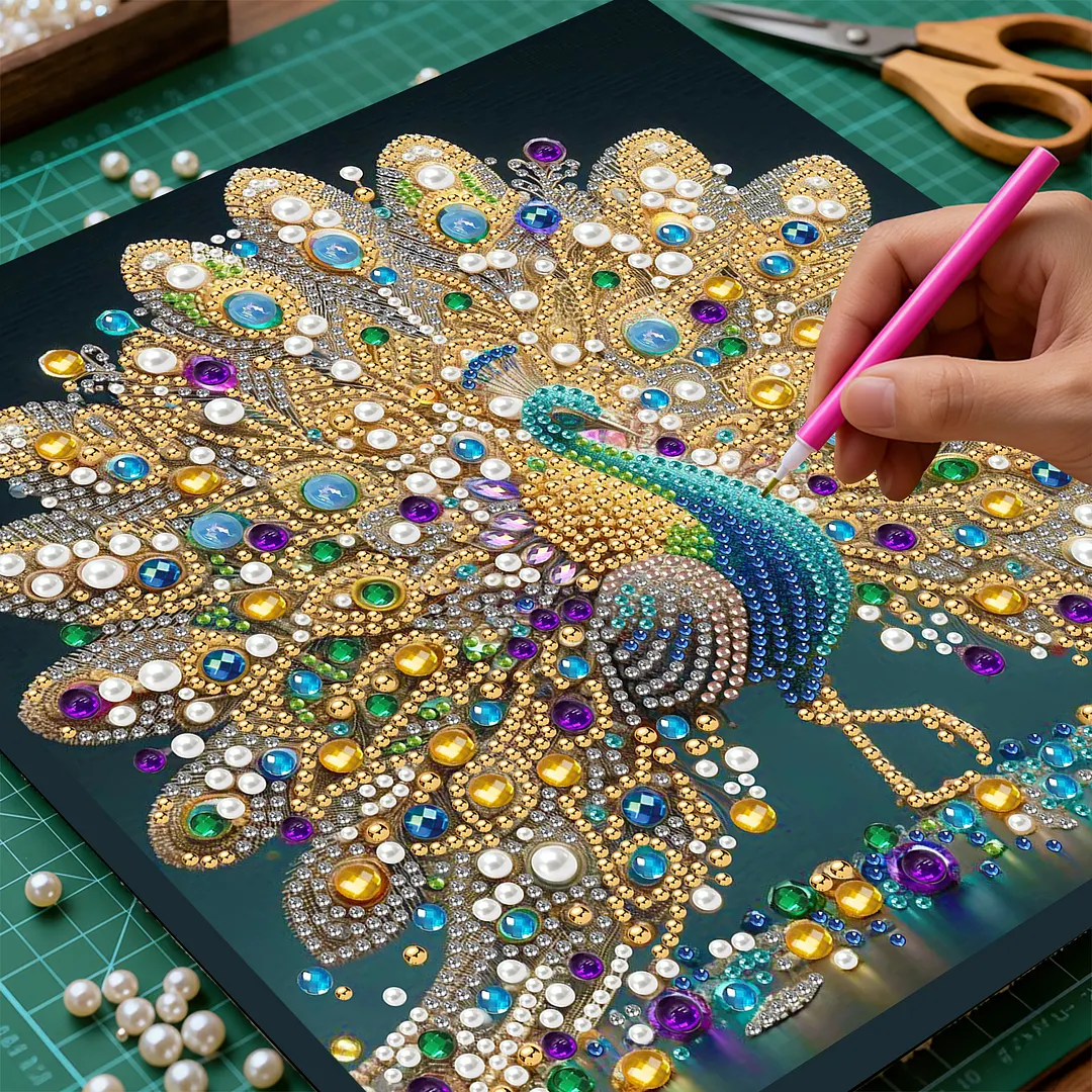 Peacock DIY Art Craft Pearl Diamond Painting with Frame 9.84x9.84in Diamond Art Pearl Painting Kit for Adults Beginners Gift Idea Home Wall Decor