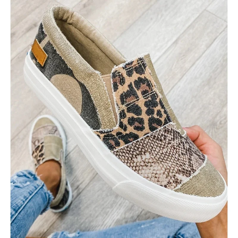 Summer New Women Casual Shoes Fashion Slip On Leopard Print Female Loafers Leisure Patchwork Comfortable Lady Canvas Flat Shoes