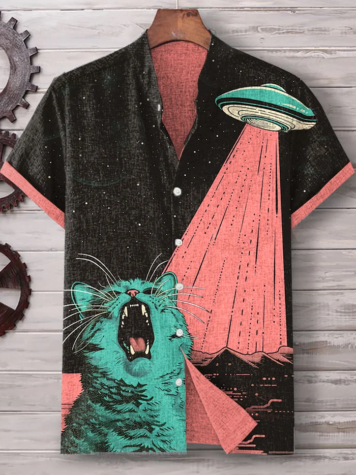 Men's UFO Coming Cat Screaming Vintage Print Shirt