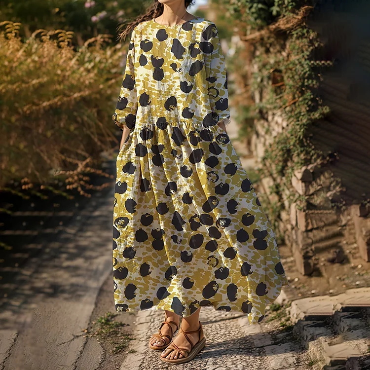 VChics Women's Spotted Print Loose Cotton Linen Maxi Dress