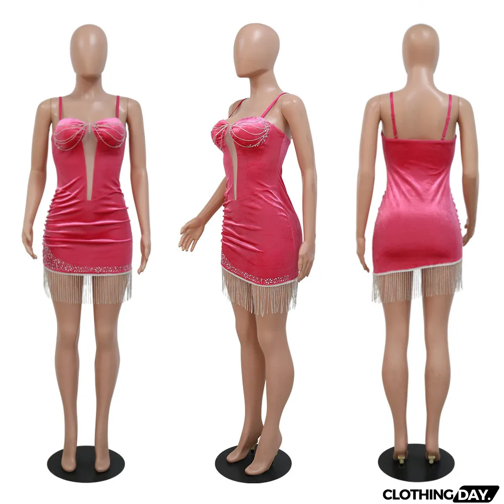 Sexy Velvet Tassel Sling Mini Dress