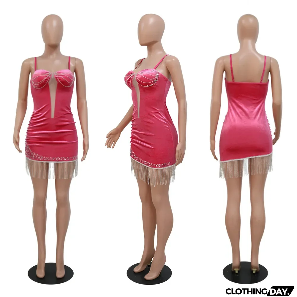 Sexy Velvet Tassel Sling Mini Dress