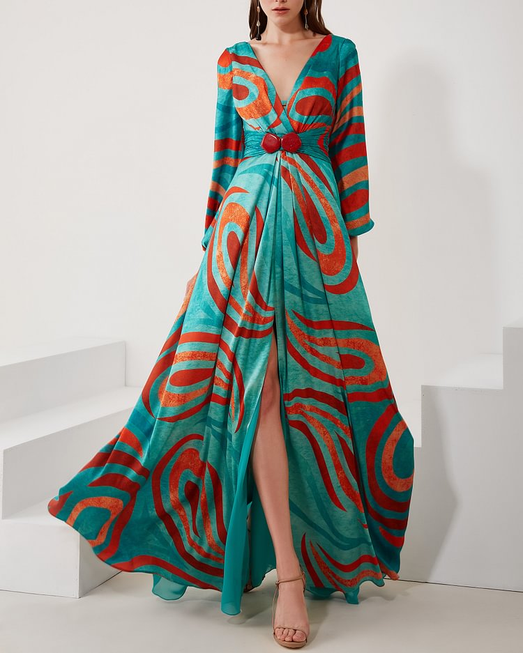 Elegant Deep V Red Print Long Dress