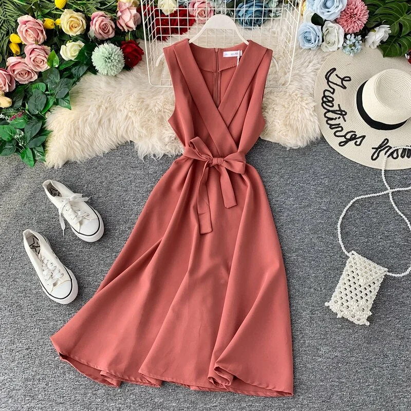 FTLZZ 2021 Slim V Neck Summer Midi Long Bandage Dress Party Tank Sundress Women Casual Elegant A-Line Tie Vestidos