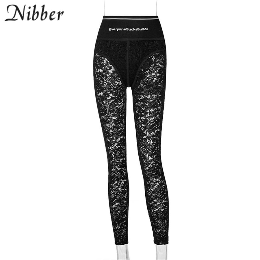 Nibber 2021 High Waist Lace Mesh Bodycon Pants See-Through Y2K Pencil Pants Summer Women's Clothing Streetwear Casual Trousers