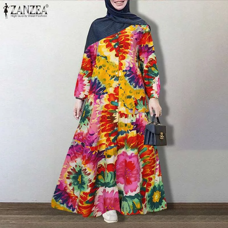 ZANZEA Vintage Floral Printed Sundress Autumn Long Sleeve Loose Maxi Long Vestido Women Retro Dubai Abaya Turkey Hijab Dress