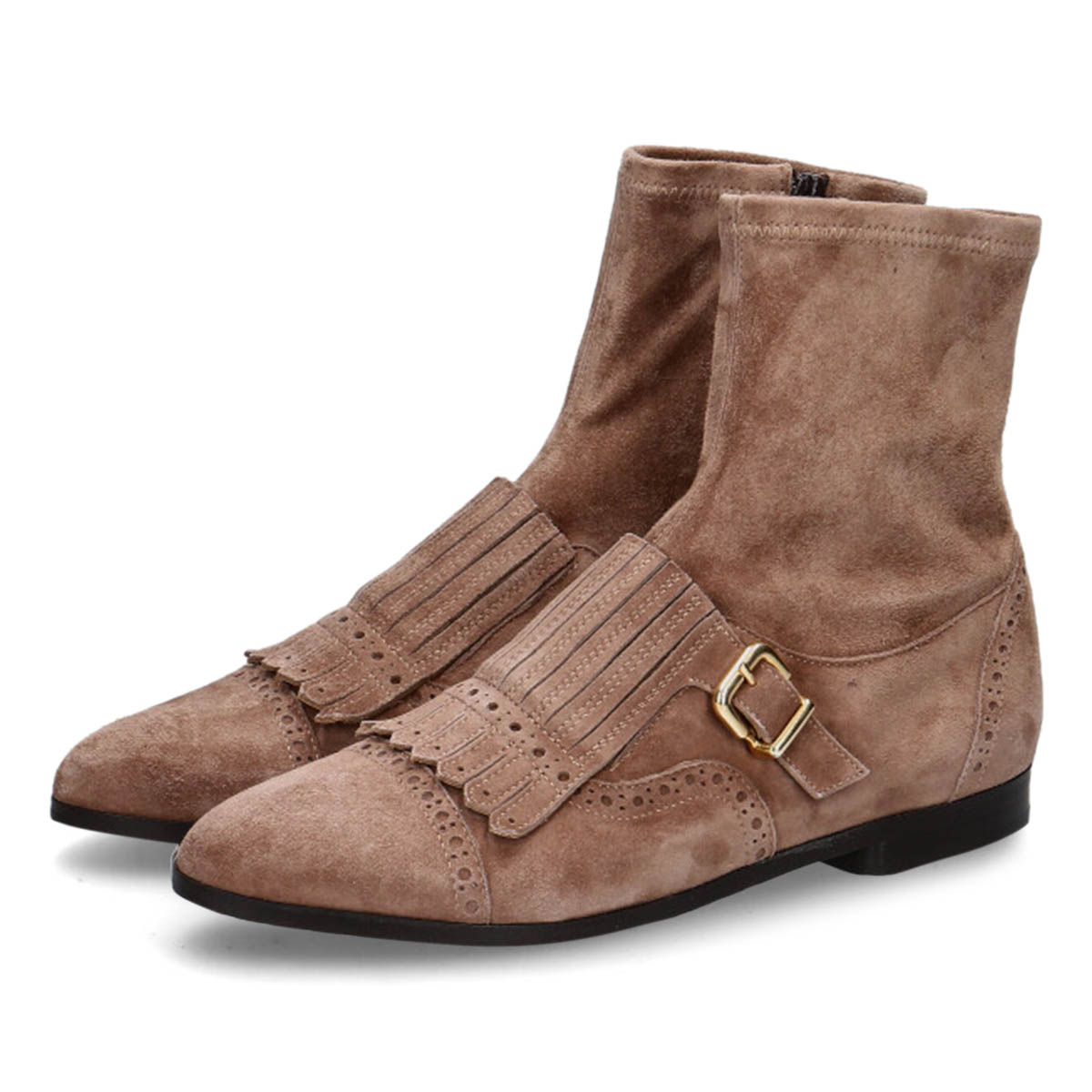 Round Toe Fringe Buckle Strap Zipper Flat Ankle Boots in Brown Nicepairs