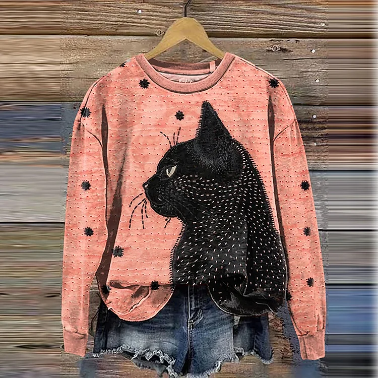 Black Cat Crew Neck Casual Sweatshirt